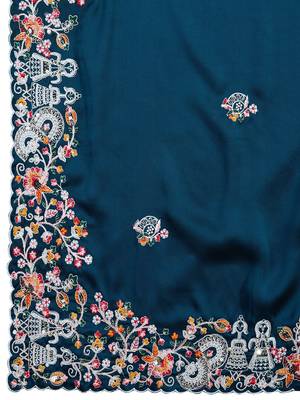 Midnight Teal Green Colored C-Pallu Embroidered With Piping Border Soft Rangoli Silk Wedding Saree 5