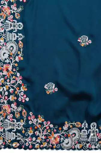 Midnight Teal Green Colored C-Pallu Embroidered With Piping Border Soft Rangoli Silk Wedding Saree
