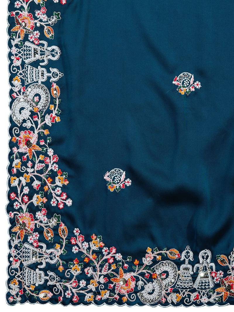 Midnight Teal Green Colored C-Pallu Embroidered With Piping Border  Soft Rangoli Silk Wedding Saree