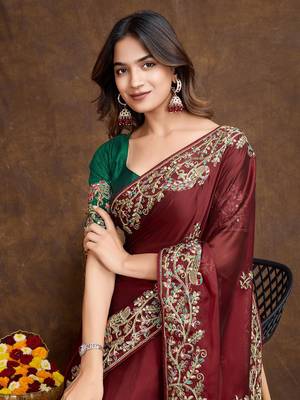 Maroon Colored Embroidered With Stone Work Rangoli Silk Saree With Green Colored Blouse Peice 2