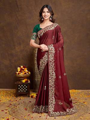 Maroon Colored Embroidered With Stone Work Rangoli Silk Saree With Green Colored Blouse Peice 1