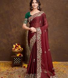Maroon Colored Embroidered With Stone Work Rangoli Silk Saree With Green Colored Blouse Peice