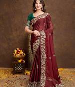 Maroon Colored Embroidered With Stone Work Rangoli Silk Saree With Green Colored Blouse Peice