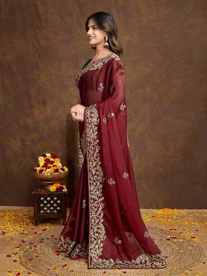 Maroon Colored Embroidered With Stone Work Rangoli Silk Saree With Green Colored Blouse Peice 3