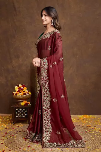 Maroon Colored Embroidered With Stone Work Rangoli Silk Saree With Green Colored Blouse Peice