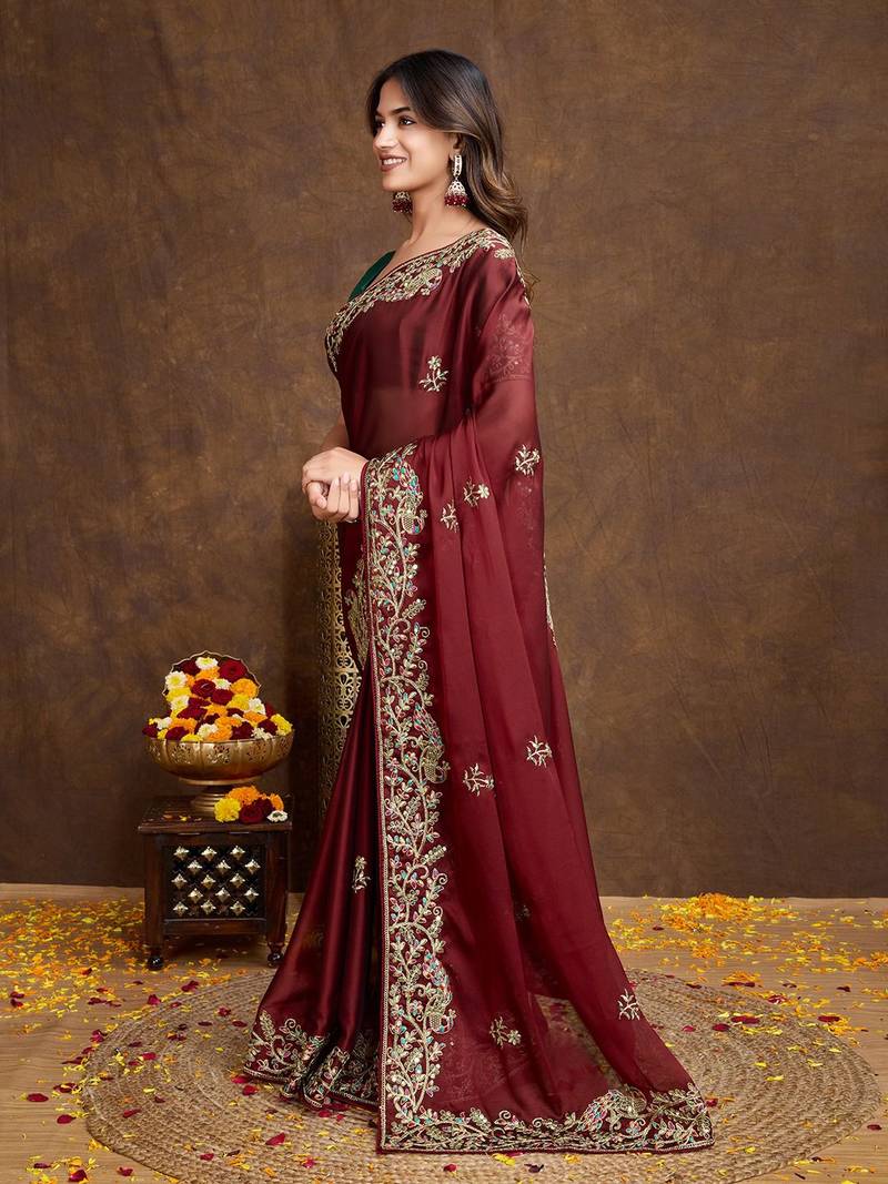 Maroon Colored Embroidered With Stone Work Rangoli Silk Saree With Green Colored Blouse Peice