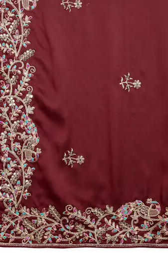Maroon Colored Embroidered With Stone Work Rangoli Silk Saree With Green Colored Blouse Peice