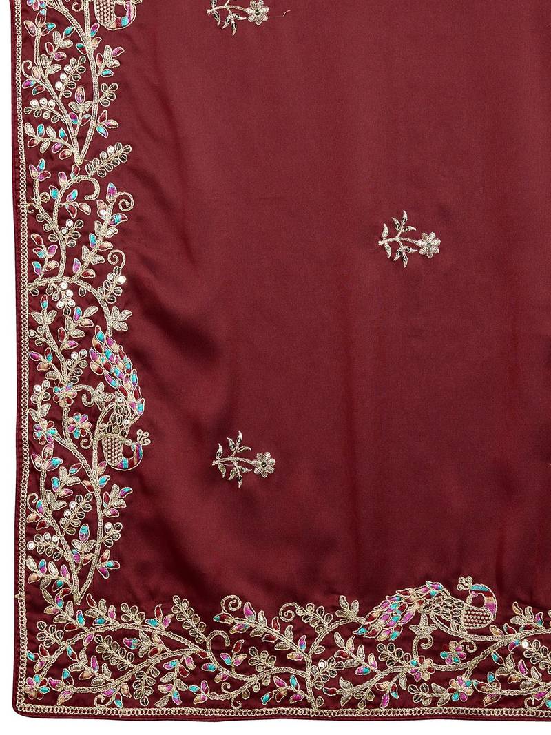Maroon Colored Embroidered With Stone Work Rangoli Silk Saree With Green Colored Blouse Peice
