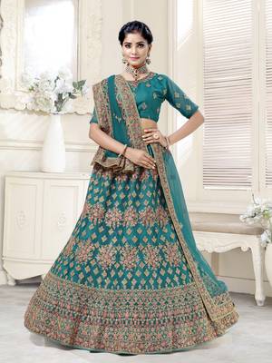Delightful turquoise blue Dori work, Thread Embroidered with diamond work Bridal Net  Semi Stitched Lehenga choli 1