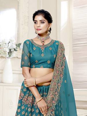 Delightful turquoise blue Dori work, Thread Embroidered with diamond work Bridal Net  Semi Stitched Lehenga choli 2
