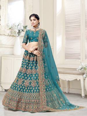 Delightful turquoise blue Dori work, Thread Embroidered with diamond work Bridal Net  Semi Stitched Lehenga choli 3