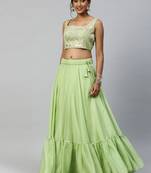 Parrot-green embroidered
 organza stitched lehenga