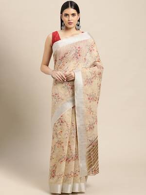Beige Printed Linen Saree With Blouse 1