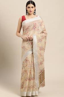 Beige Printed Linen Saree With Blouse
