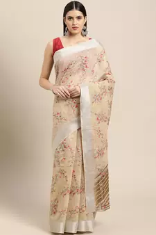Beige Printed Linen Saree With Blouse