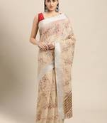 Beige Printed Linen Saree With Blouse