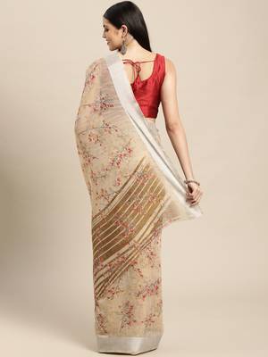 Beige Printed Linen Saree With Blouse 2