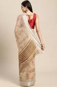 Beige Printed Linen Saree With Blouse