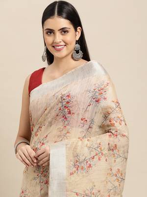 Beige Printed Linen Saree With Blouse 3