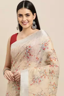 Beige Printed Linen Saree With Blouse