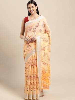 Orange Printed Linen Saree With Blouse 1