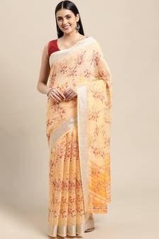 Orange Printed Linen Saree With Blouse