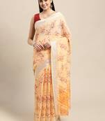 Orange Printed Linen Saree With Blouse