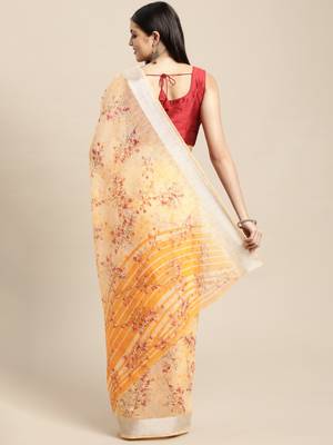 Orange Printed Linen Saree With Blouse 2