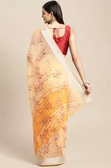 Orange Printed Linen Saree With Blouse