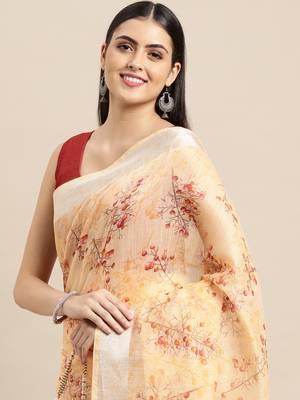 Orange Printed Linen Saree With Blouse 3