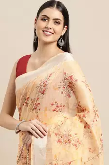 Orange Printed Linen Saree With Blouse