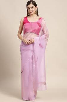 Lavender Printed Organza Saree With Blouse