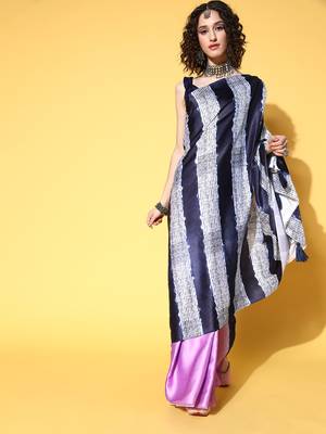 Purple Printed Satin Saree With Blouse 1