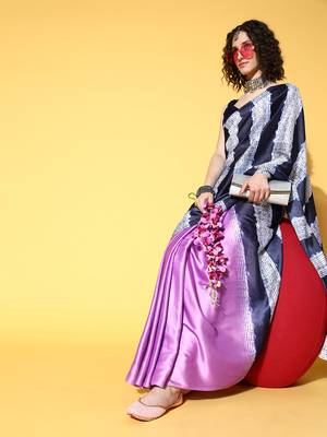 Purple Printed Satin Saree With Blouse 3