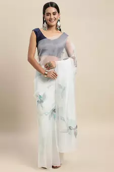 Light Green Printed Organza Saree With Blouse