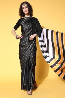 Black Printed Satin Saree With Blouse