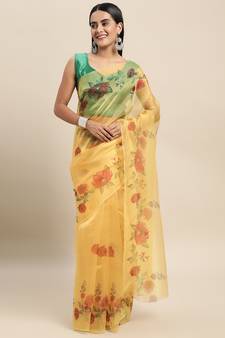 Yellow Printed Organza Saree With Blouse