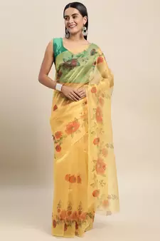 Yellow Printed Organza Saree With Blouse