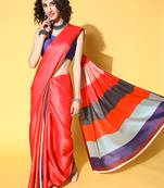 Red Printed Satin Saree With Blouse