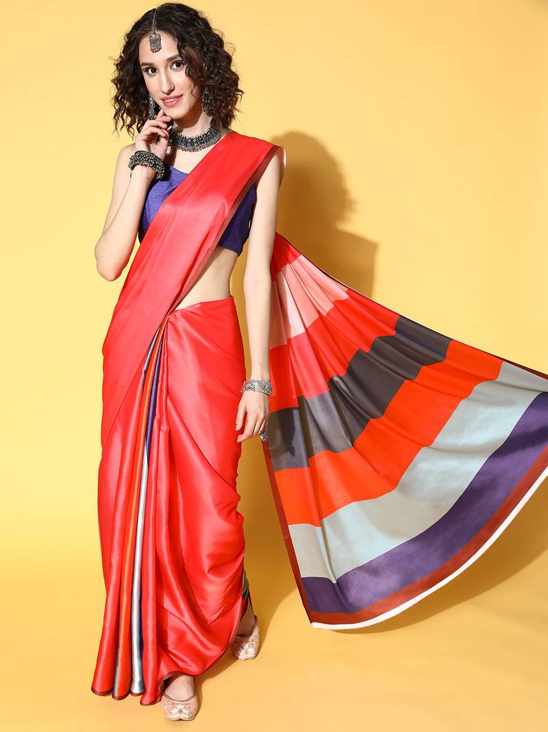 Red Printed Satin Saree With Blouse