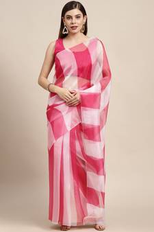 Pink Printed Organza Saree With Blouse