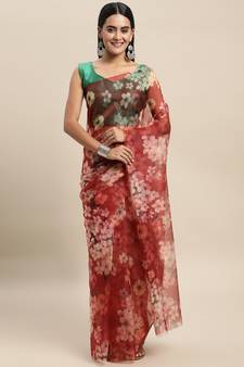 Maroon Printed Organza Saree With Blouse
