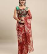 Maroon Printed Organza Saree With Blouse