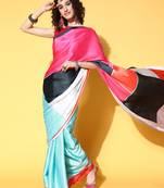 Multicolor printed satin saree with blouse