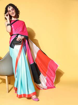 Multicolor printed satin saree with blouse 3