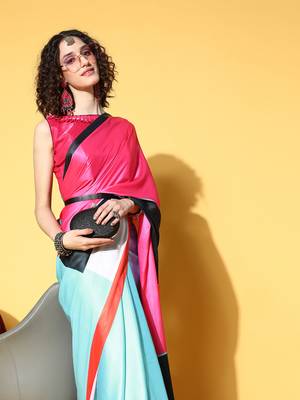 Multicolor printed satin saree with blouse 4