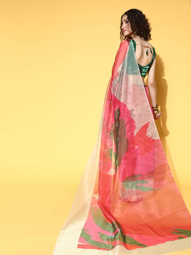 Multicolor printed organza saree with blouse