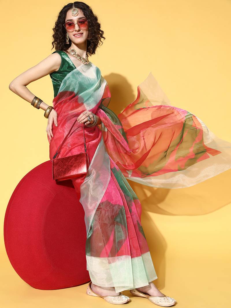 Multicolor printed organza saree with blouse