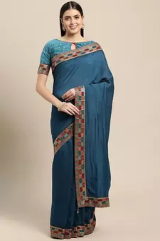 Teal plain poly silk saree with blouse