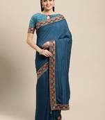 Teal plain poly silk saree with blouse